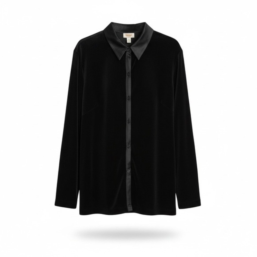 Talbots Black Velvet Satin Collar Button Up Shirt Top Women L L/S Quiet‎ Luxury
